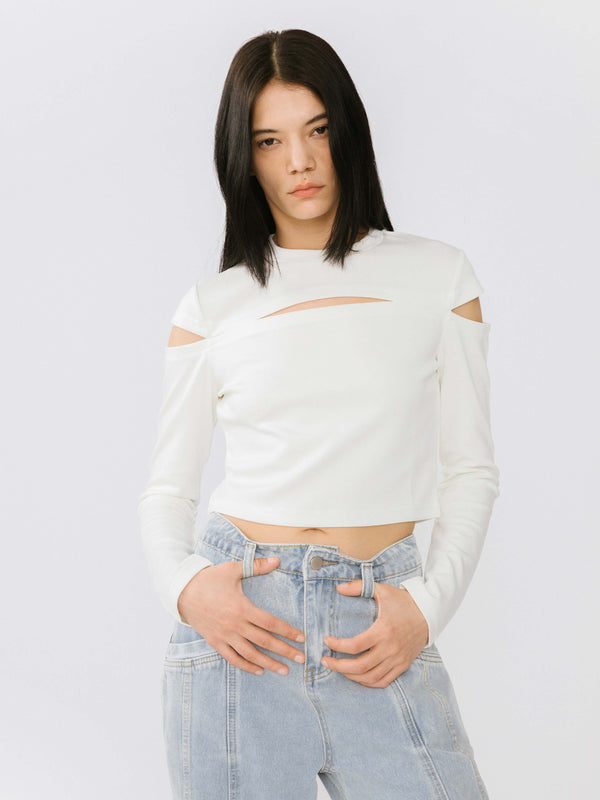 cubic Cut Out Long Sleeve Crop Top Black