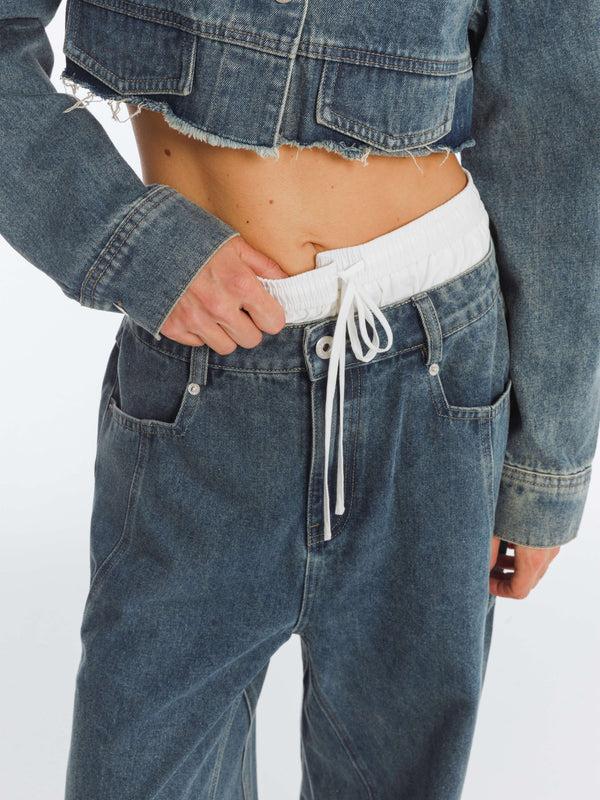 Cubic Cutaway Loose Straight Jeans SteelBlue