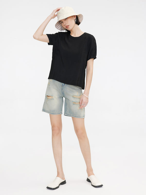 Cubic Distressed Denim Bermuda Shorts Blue