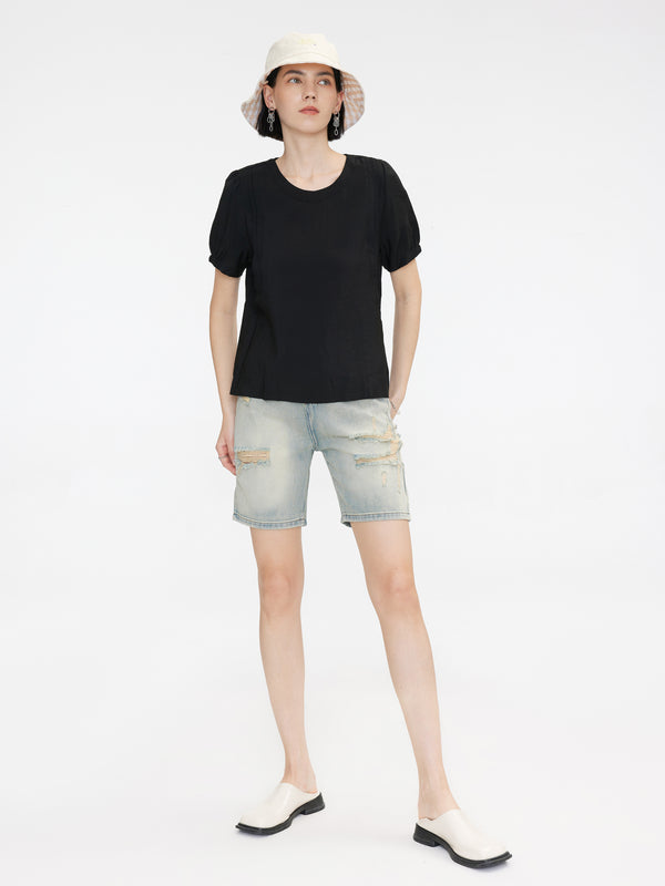 Cubic Distressed Denim Bermuda Shorts Blue