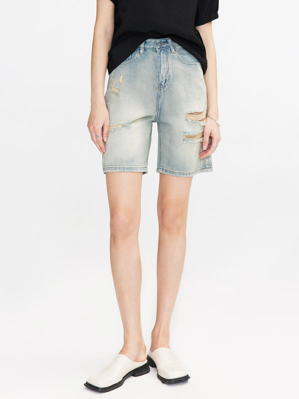 cubic Distressed Denim Bermuda Shorts Blue