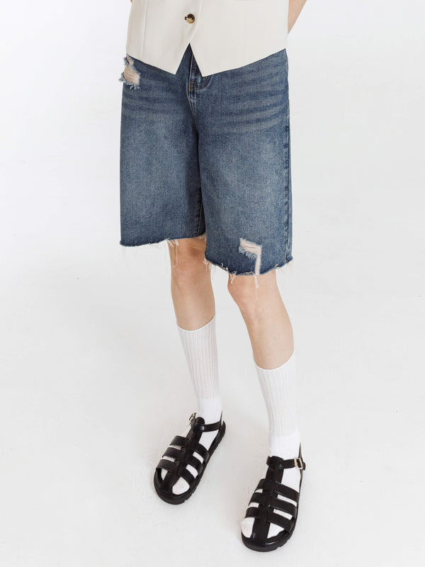 Cubic Distressed Denim Bermuda Shorts SkyBlue