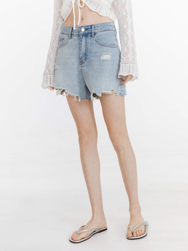 cubic Distressed Denim Short Shorts LightBlue