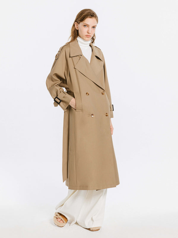 cubic Double Breasted Trench Coat Tan