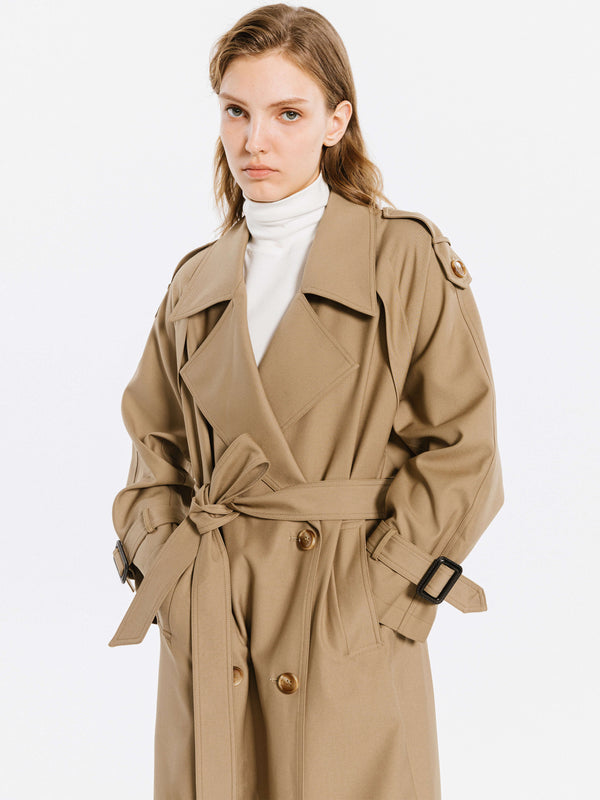 Cubic Double Breasted Trench Coat Tan
