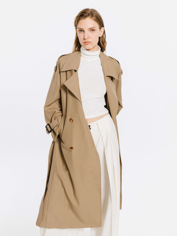 Cubic Double Breasted Trench Coat Tan
