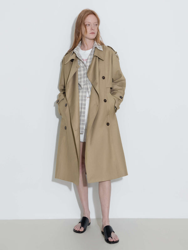 Cubic Double Breasted Trench Coat With Belt Khaki