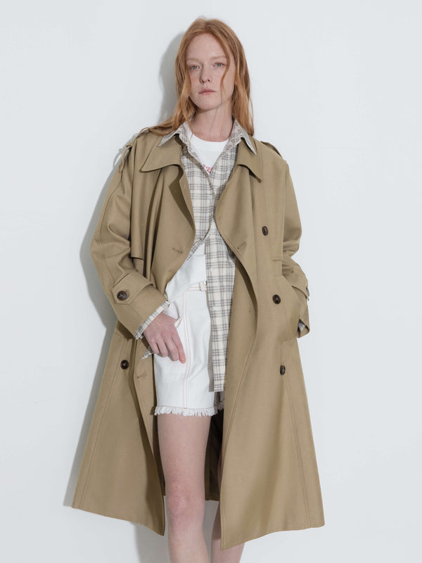 cubic Double Breasted Trench Coat with Belt Khaki