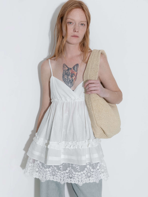 Cubic Double-Layer Lace Trim Adjustable Cami White