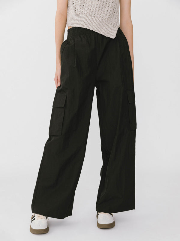 cubic Elasticated Wide Leg Cargo Trousers Black