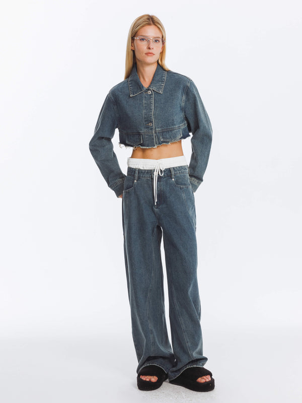 Cubic Extra Cropped Frayed Denim Jacket SteelBlue