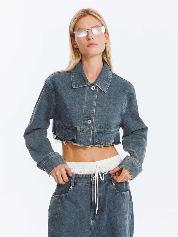 Cubic Extra Cropped Frayed Denim Jacket SteelBlue