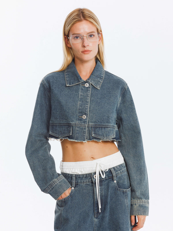 cubic Extra Cropped Frayed Denim Jacket SteelBlue