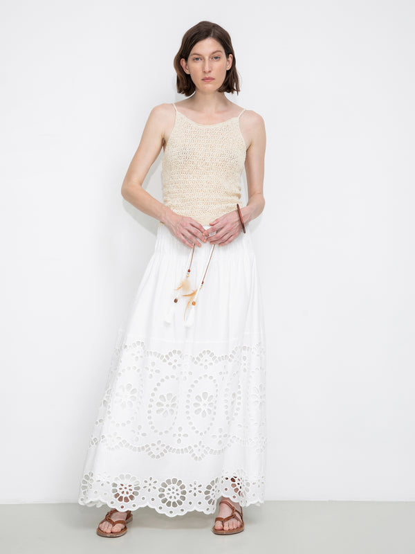 Cubic Eyelet Floral Elastic Waist Maxi Skirt White