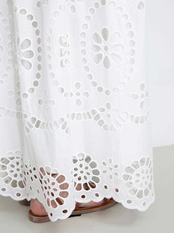 Cubic Eyelet Floral Elastic Waist Maxi Skirt White