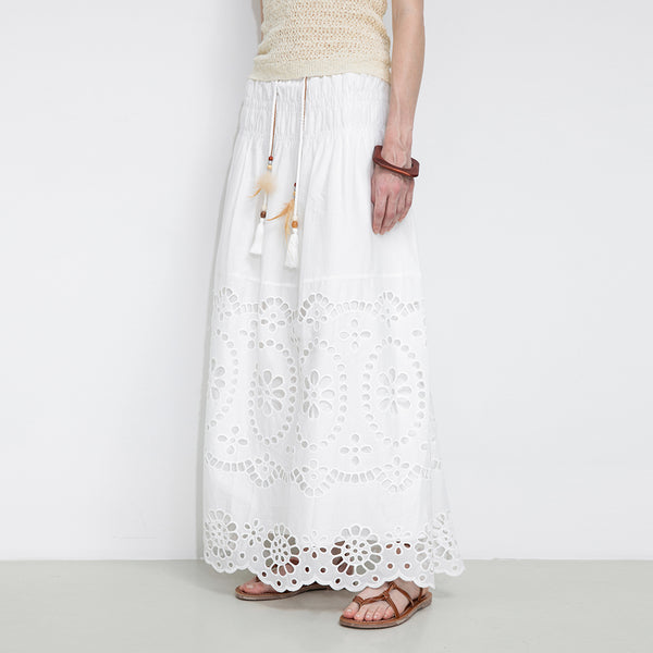 Cubic Eyelet Floral Elastic Waist Maxi Skirt White