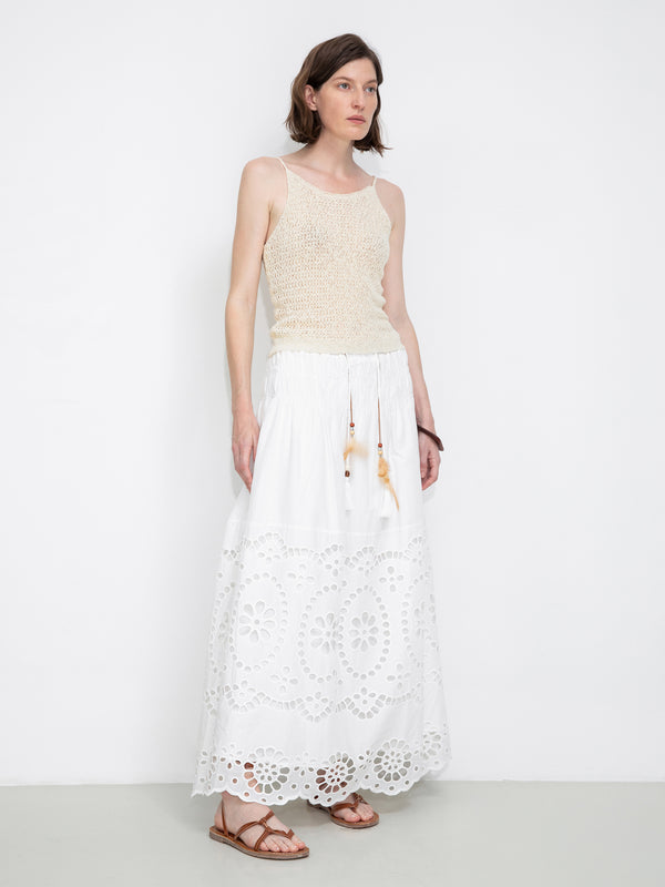 cubic Eyelet Floral Elastic Waist Maxi Skirt White