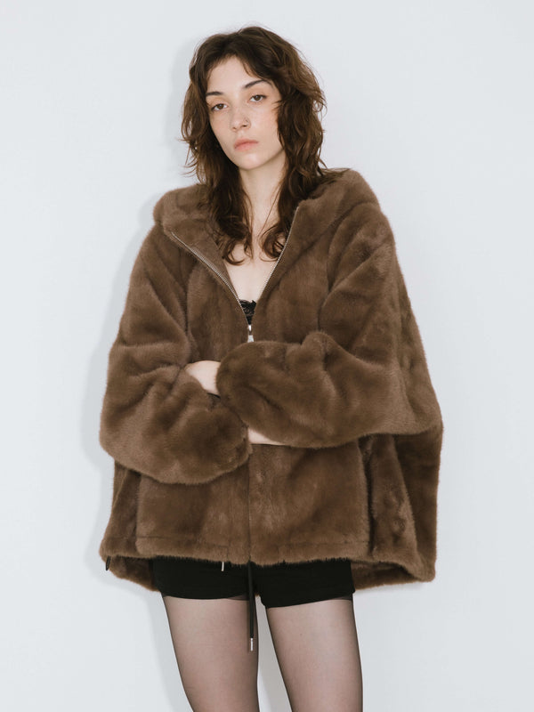 Cubic Faux Fur Zip-Up Jacket With Hood Brown