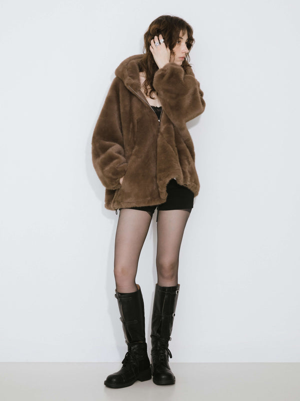 cubic Faux Fur Zip-Up Jacket With Hood Brown