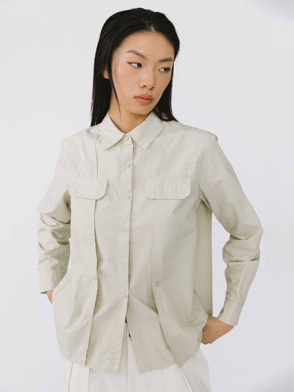 Cubic Faux Pocket 100% Cotton Shirt Beige