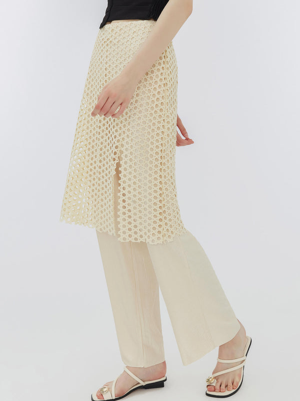 Cubic Fine Wide Leg Trousers With Skirt Beige