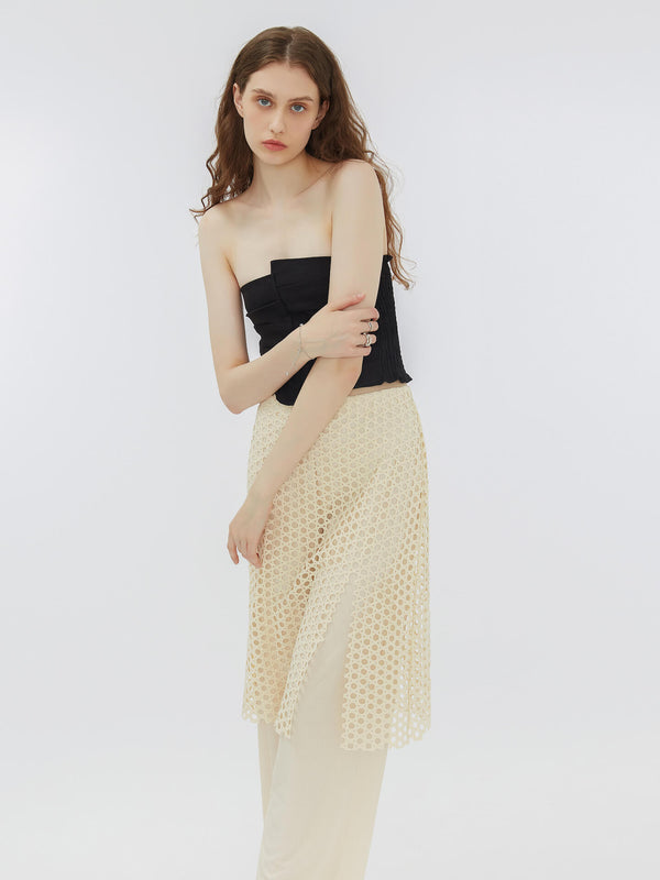 Cubic Fine Wide Leg Trousers With Skirt Beige