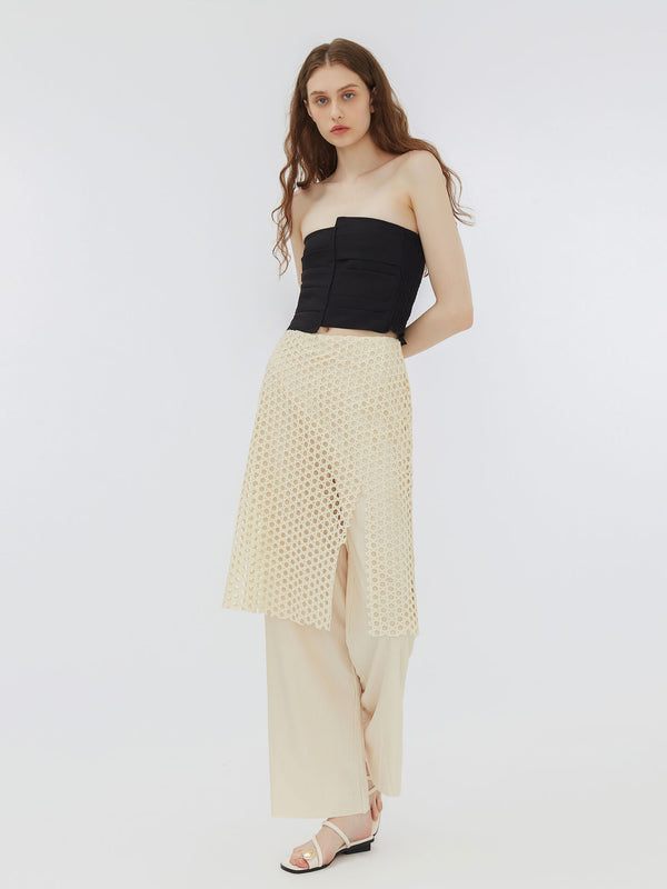 Cubic Fine Wide Leg Trousers With Skirt Beige
