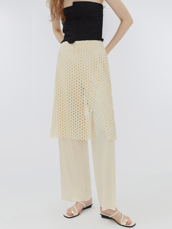 cubic Fine Wide Leg Trousers with Skirt Beige