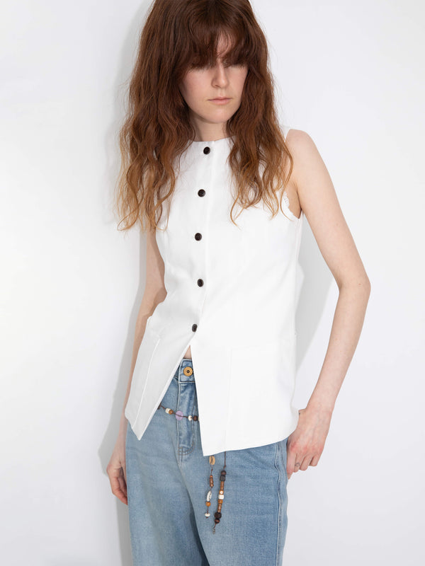 Cubic Fitted Buttoned Round Neck Vest White