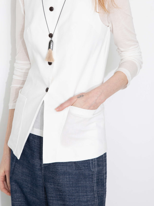 Cubic Fitted Buttoned Round Neck Vest White