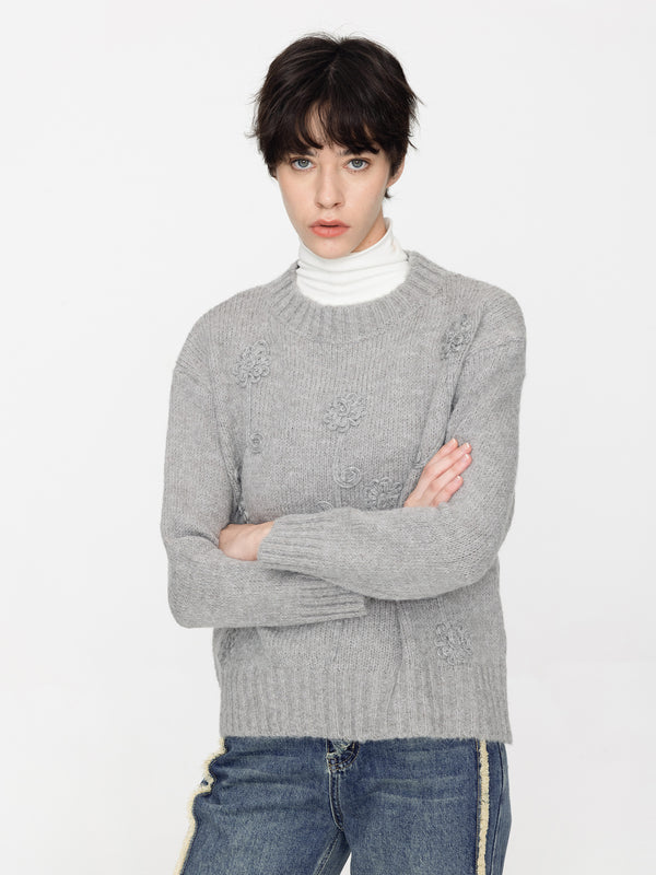 Cubic Floral Design Crew Knit Sweater Light Blue