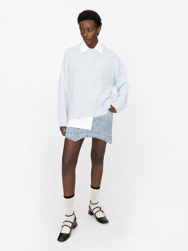 cubic Floral Design Crew Knit Sweater Light Blue