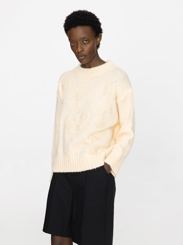 Cubic Floral Design Crew Knit Sweater Light Blue