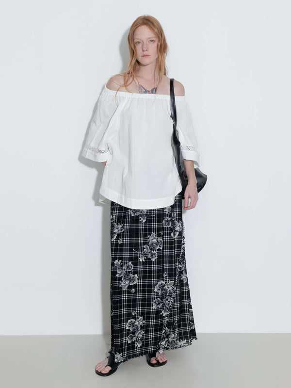 cubic Floral Print A-line Skirt Black