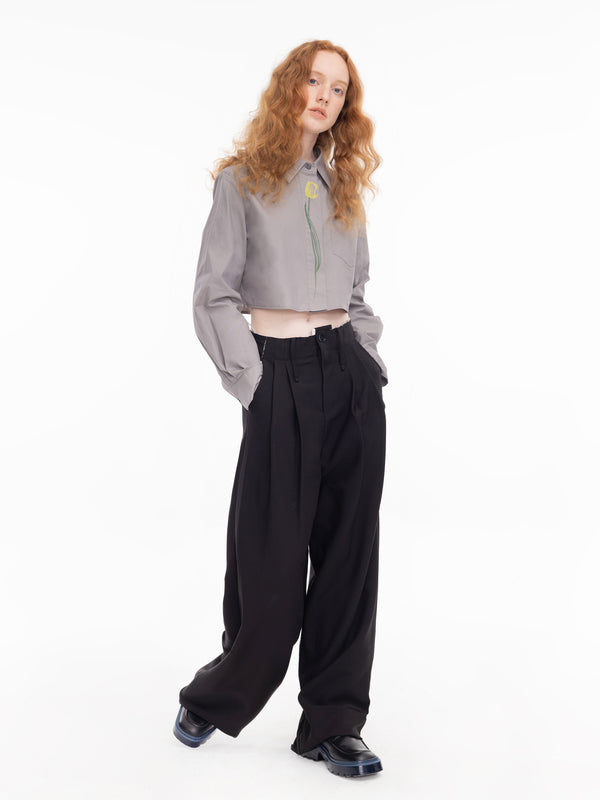 Cubic Flower Design Cropped Shirt Gray