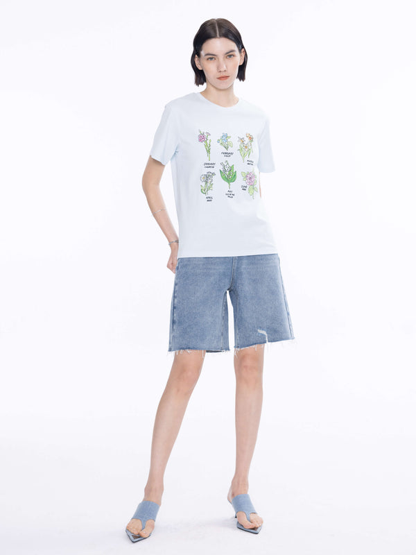 Cubic Flowers Print T-Shirt Baby Blue
