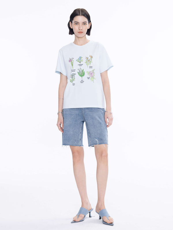 Cubic Flowers Print T-Shirt Baby Blue