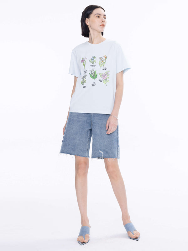 Cubic Flowers Print T-Shirt Baby Blue