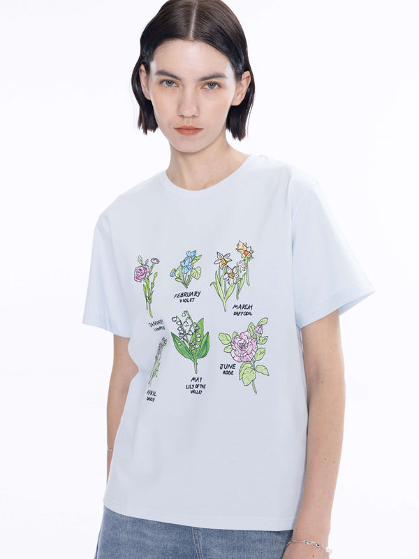 cubic Flowers Print T-Shirt Baby Blue