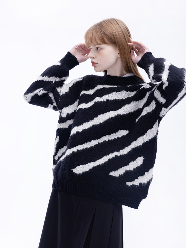 Cubic Fluffy Mock Neck Zebra Sweater Beige
