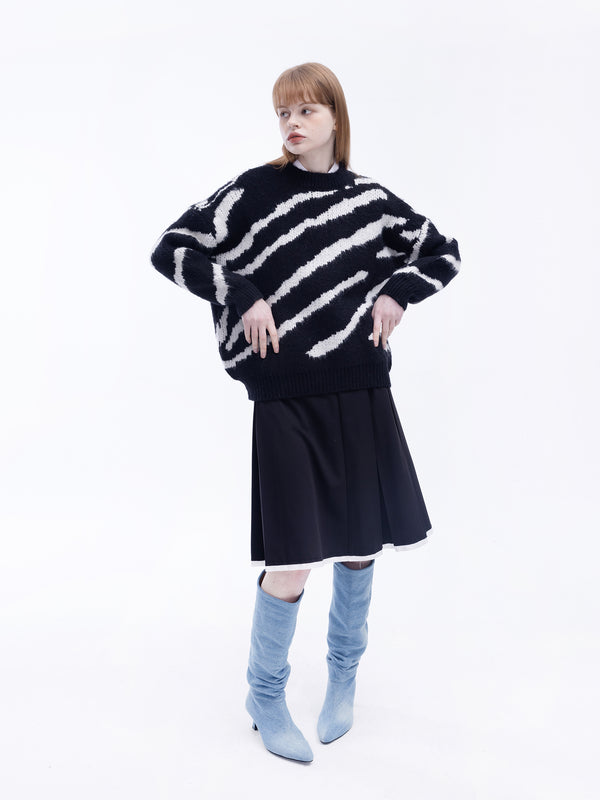 Cubic Fluffy Mock Neck Zebra Sweater Beige