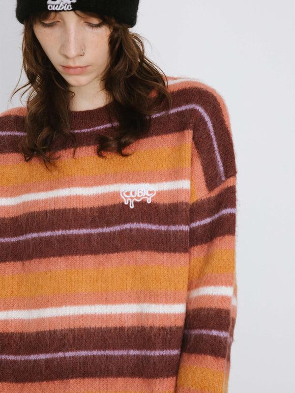 Cubic Fluffy Striped Oversized Knit Sweater Orange