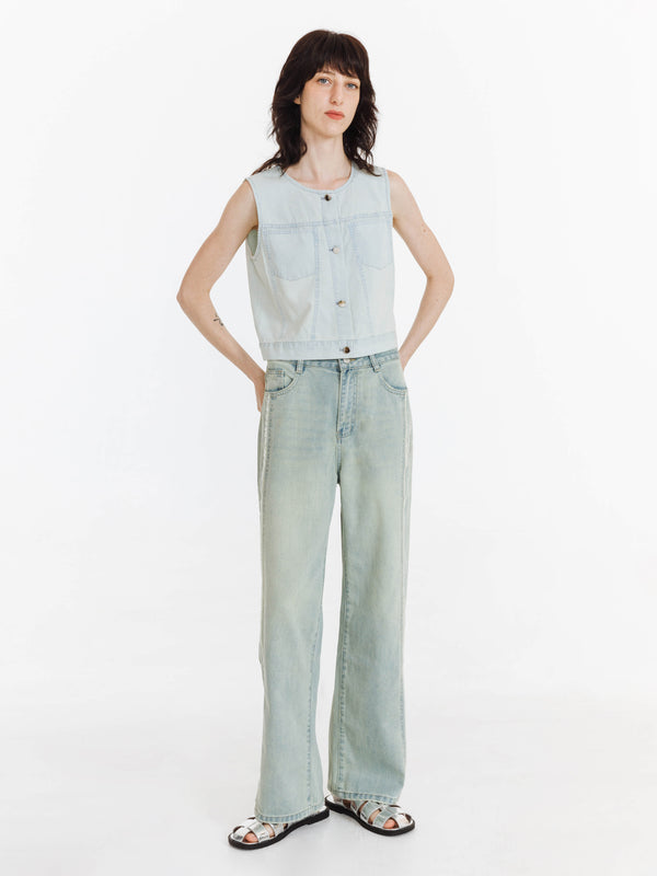 Cubic Fray Panelled Wide Leg Jeans LightBlue