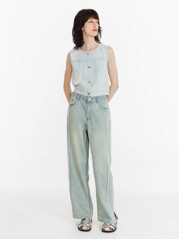 cubic Fray Panelled Wide Leg Jeans LightBlue