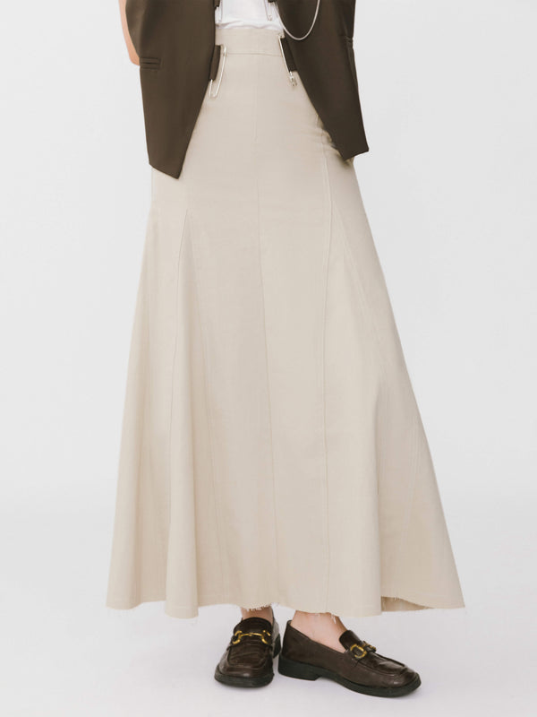 Cubic Frayed Denim Maxi Skirt Wheat
