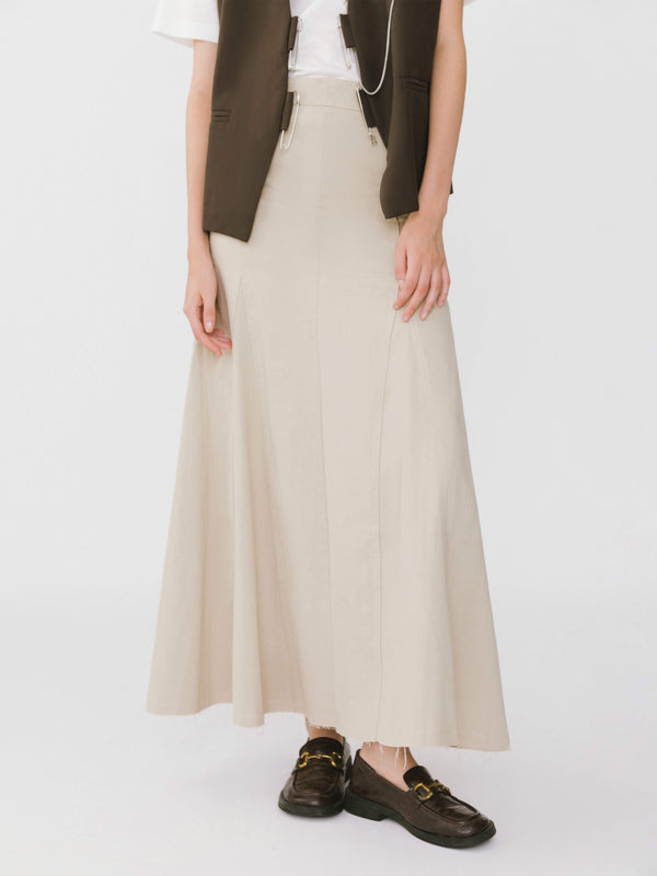 cubic Frayed Denim Maxi Skirt Wheat
