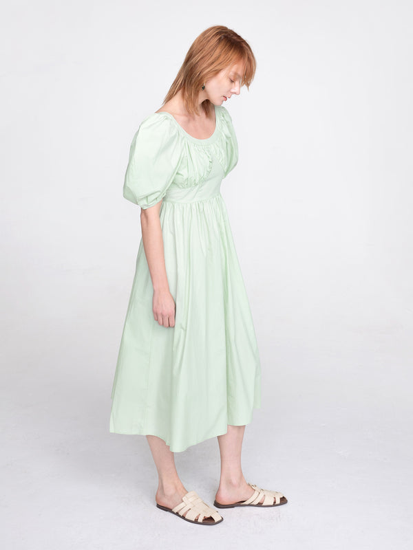 Cubic French Retro Bubble Sleeve Midi Dress Purple