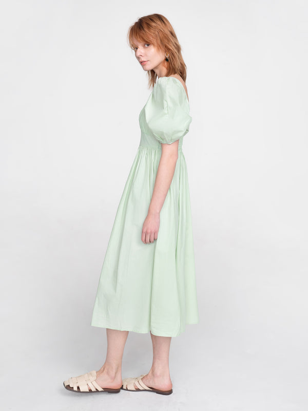 Cubic French Retro Bubble Sleeve Midi Dress Purple