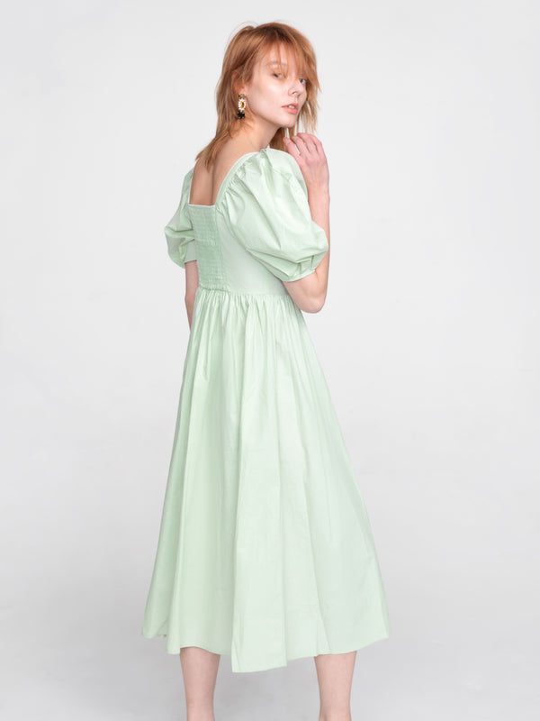 Cubic French Retro Bubble Sleeve Midi Dress Purple