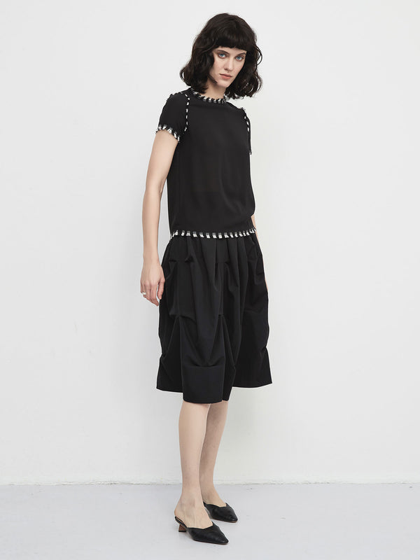 Cubic French Round Neck Chiffon Top Black